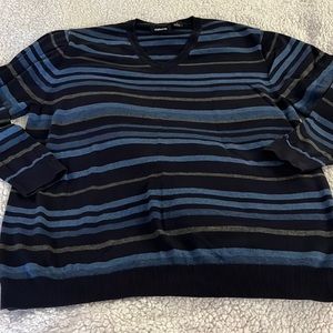 Navy blue striped sweater L lightweight knit v-neck retro 100% cotton Claiborne